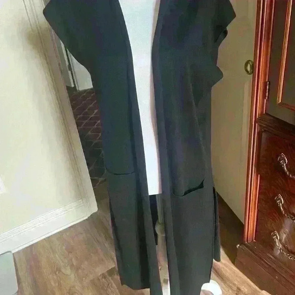 Joan Vass Black Long Duster Open Cardigan Vest Medium Boho NWOT. - Picture 2 of 7